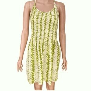 Banana Republic 100% Silk Green Smocked Braided Strap Boho Summer Dress Sz 2 Y2K